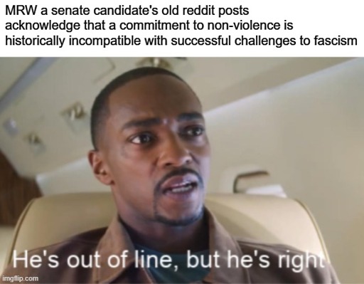 "MRW a senate candidate's old reddit posts acknowledge that a commitment to non-violence is historically incompatible with successful challenges to fascism" above an image of Sam Wilson saying "He's out of line, but he's right"