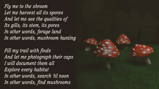 Fly me to the shroom
Let me harvest all its spores
And let me see the qualities of
Its gills, its stem, its pores
In other words, forage land
In other words, mushroom hunting

Fill my trail with finds
And let me photograph their caps
I will document them all
Explore every habitat
In other words, search 'til noon
In other words, find mushrooms