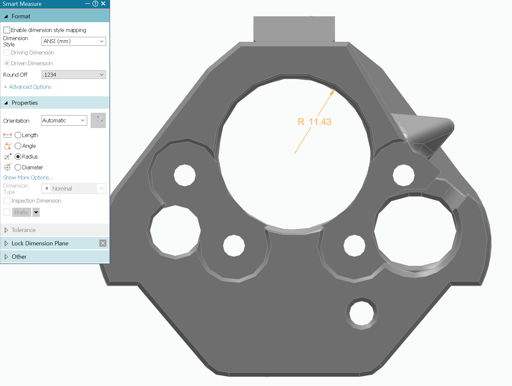 A Screenshot of the front of the Nylaug 3d printable receiver, loaded in Solid Edge with the smart measuring tool open and measuring the radius of the hole where the barrel slides though.